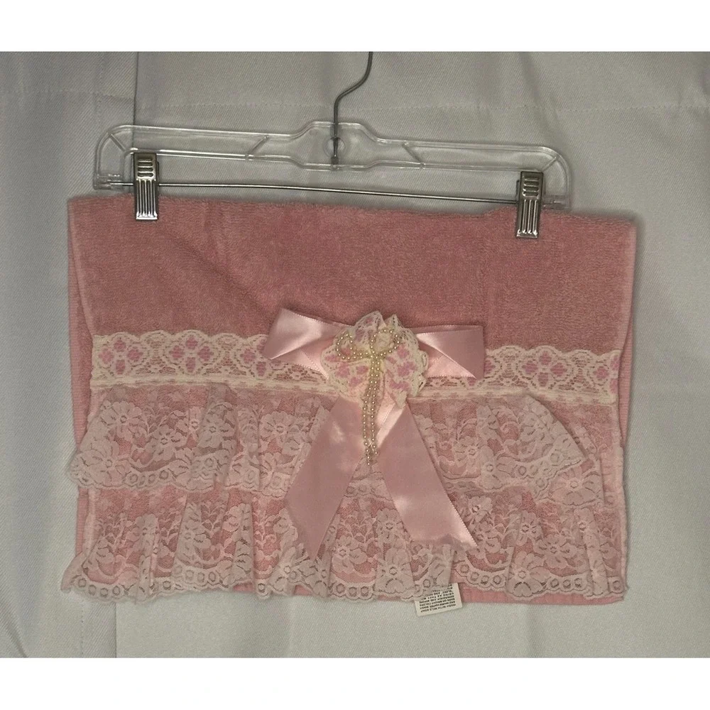 VTG Stevens Pink Bath Hand Towel Set Lace Bow Pearls Victorian Shabby Chic